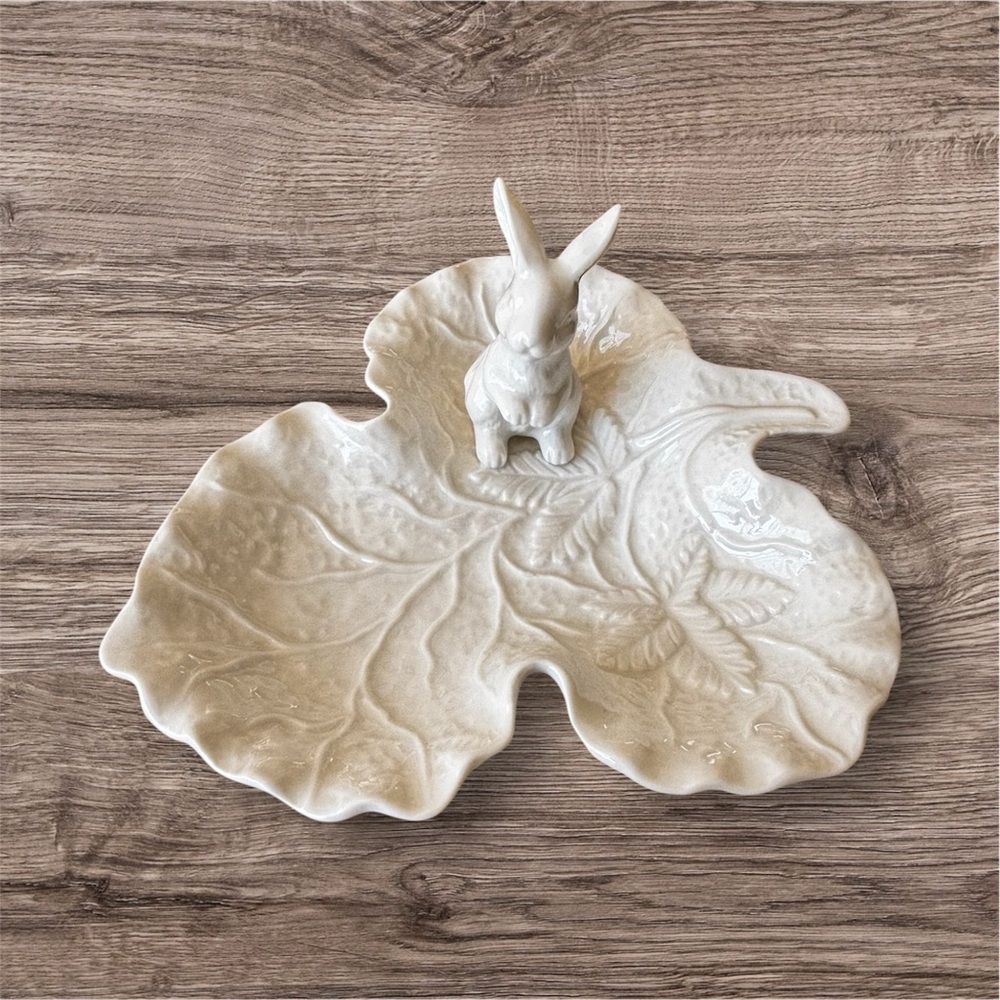 🐣 Grace Fine Porcelain 3 Section Leaf White Server with Bunny, Easter Spring